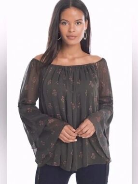White House Black Market Sheer Olive Blouse with Red Floral Pattern